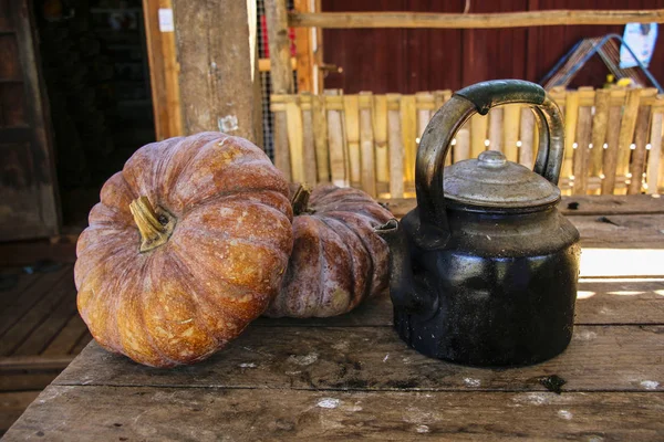 Old teapot and pumpkins on the table — Stock Photo, Image