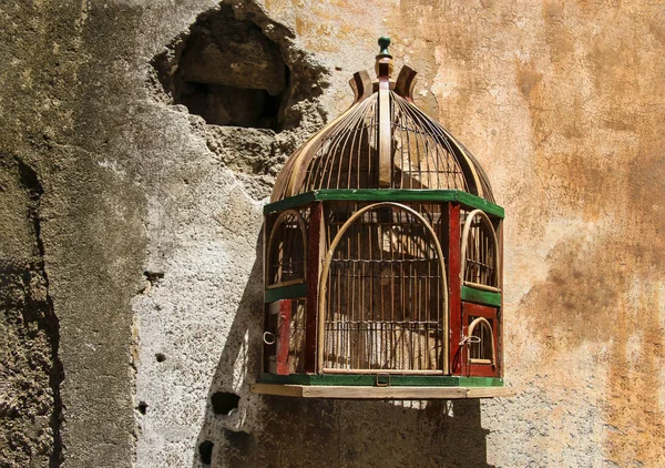 Empty cage for birds on an old, shattered wall