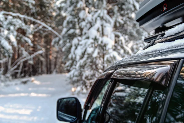 Αυτοκίνητο μέσα στο δάσος του χειμώνα — Φωτογραφία Αρχείου