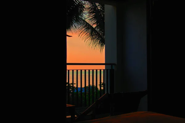 Paisagem tardia nos trópicos. Vista do quarto escuro ao pôr-do-sol laranja sobre o mar. Silhuetas folhas de palmeiras . — Fotografia de Stock