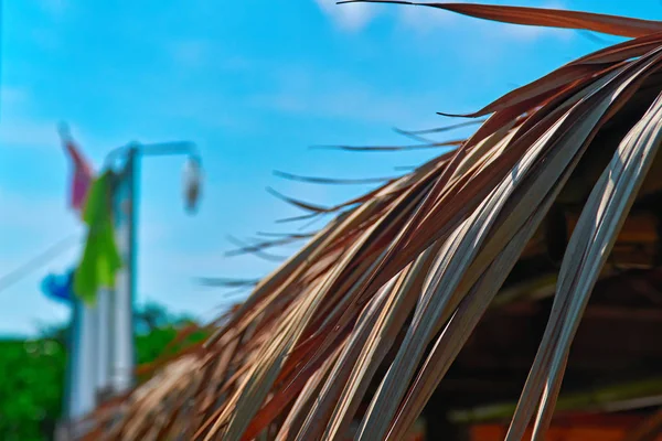 Krawędzi dachu jest pokryta liści palmowych suche przed niebieski niebo słoneczny. Tropical Resort. — Zdjęcie stockowe