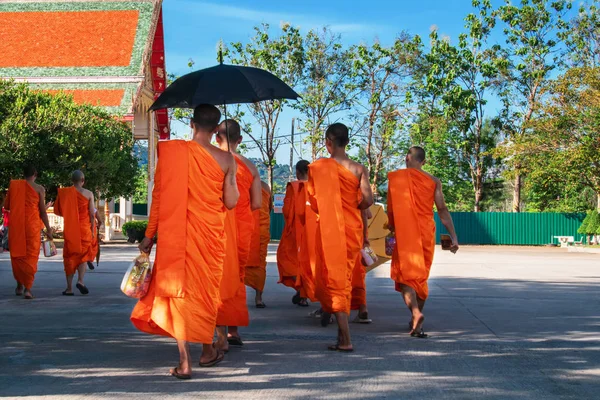 Группа буддийских монахов в оранжевой одежде с черным зонтиком. Вид сзади . — стоковое фото