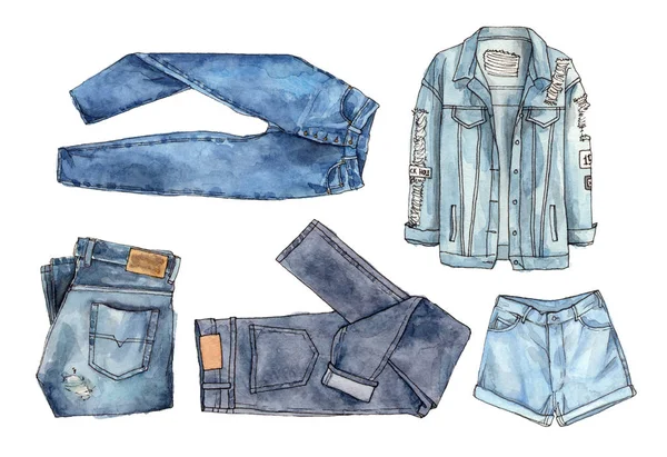 suluboya moda illüstrasyon denim jeans ayarla..