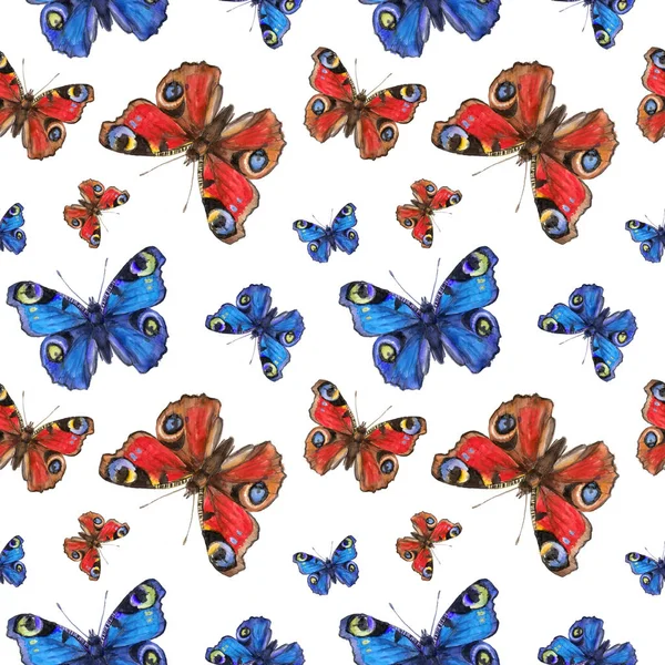 Akwarela czerwony i niebieski motyle — Zdjęcie stockowe