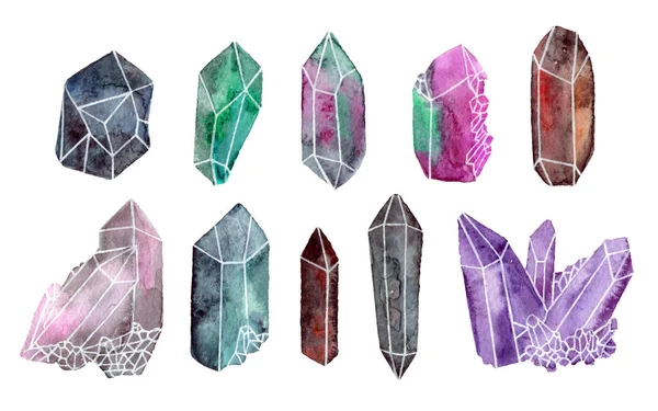 Akvarelu drahokamy a krystaly — Stock fotografie