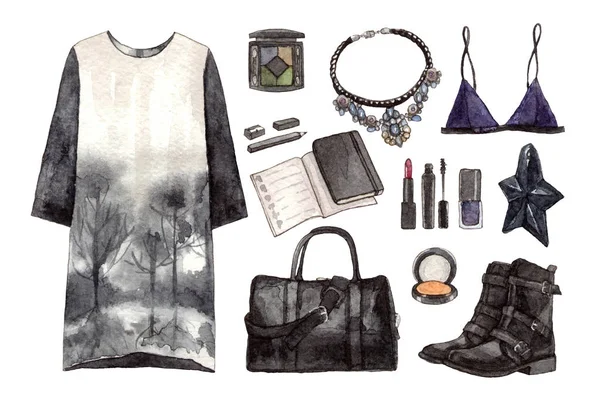 Aquarel mode zwarte outfit — Stockfoto