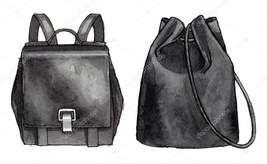 Watercolor hand painting fashion black backpacks. isolated elements