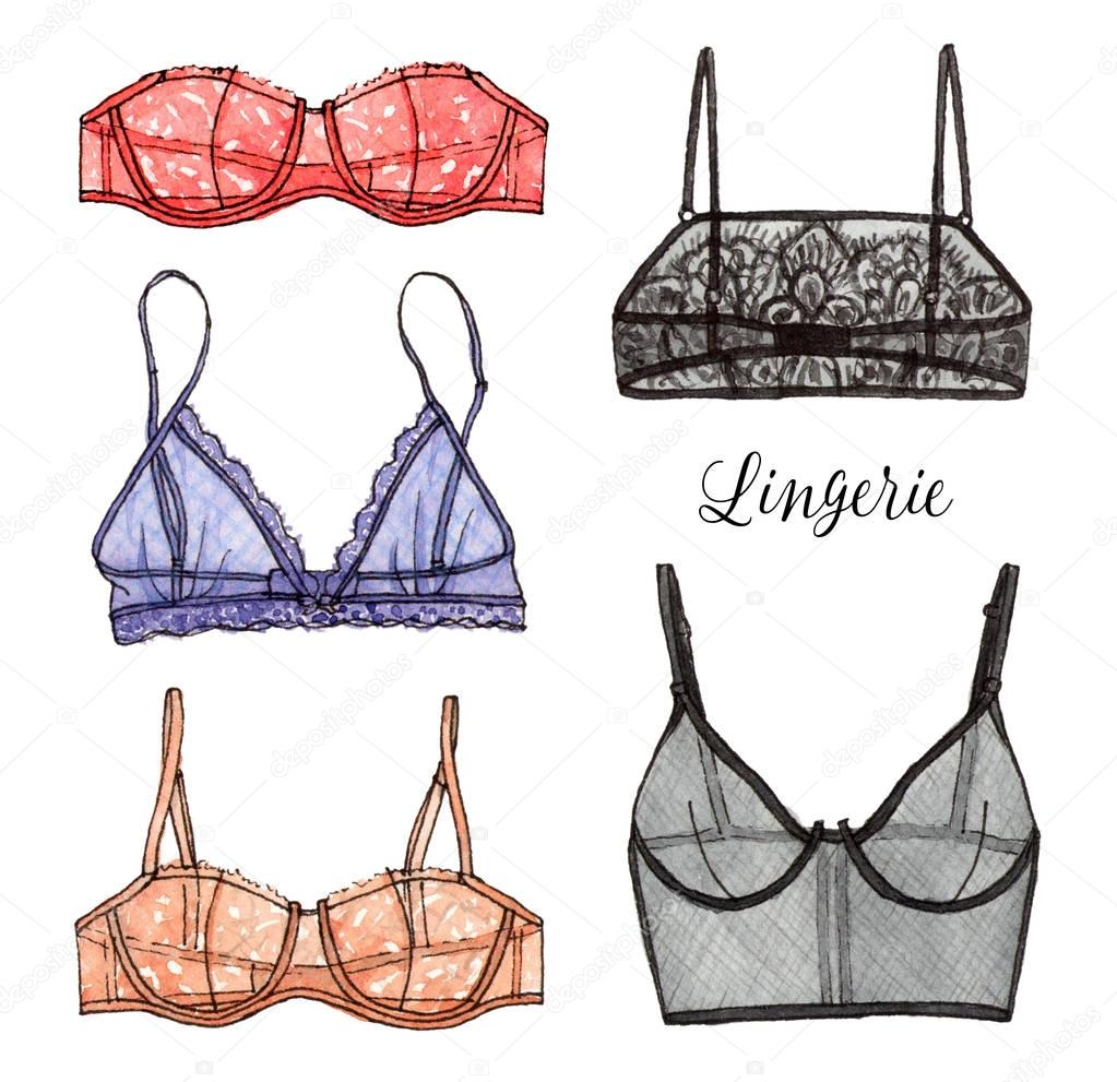 Watercolor handpainting sketch fashion set of lingerie. isolated elements