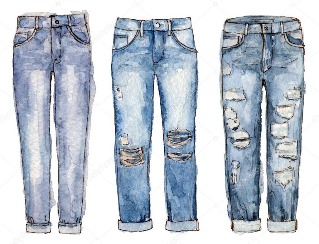 Watercolor hand painting fashion jeans. isolated elements