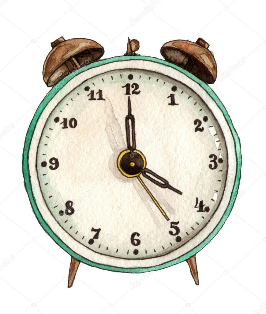 Hand painted watercolor illustration of vintage alarm clock, back to school concept