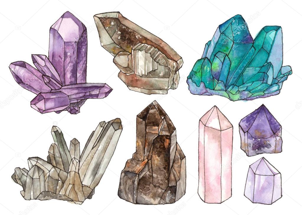 watercolor illustrations crystals and gemstones.