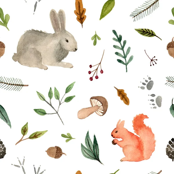 watercolor pattern animals - squirrel and rabbit.