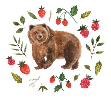 suluboya resim - boz ayı ve çilek