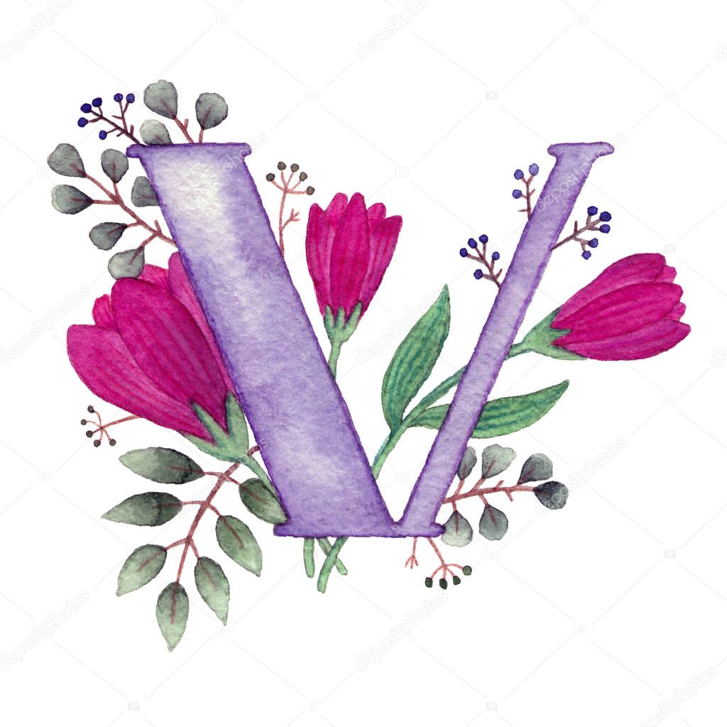 Flowers and leaves. hand painted isolated element.