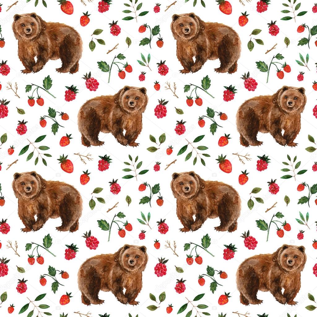 bear and berries seamless pattern.