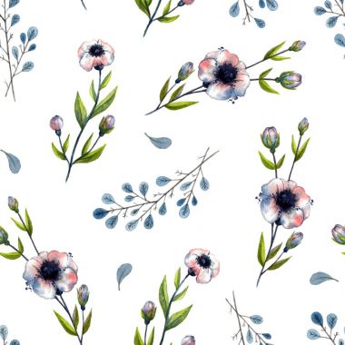 suluboya otlar ve çiçekler. Beyaz arka plan ile Seamless Modeli