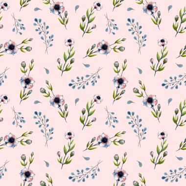 suluboya otlar ve çiçekler. pembe bir arka plan ile Seamless Modeli