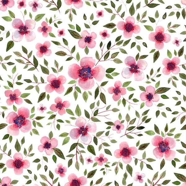 緑の葉とピンクの花を水彩 白い背景とのシームレスなパターン — ストック写真