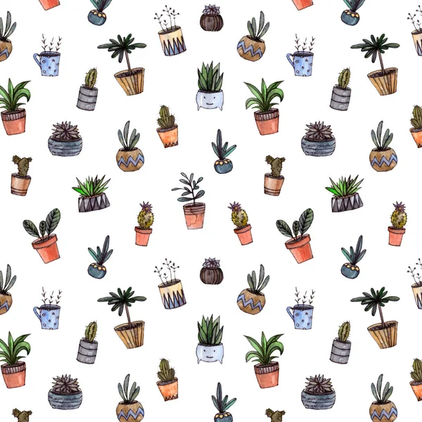 watercolor hand drawing home plants. seamless pattern on a white background