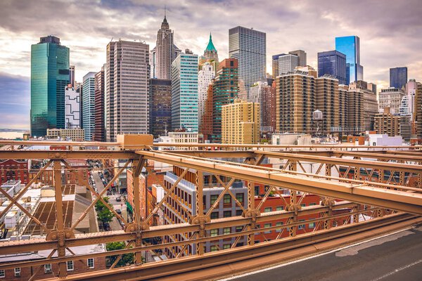 New York City, Manhattan Island, view from Brooklyn Bridge to the cityscape