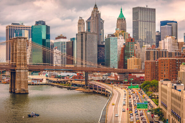 New York City, Manhattan Island, view from Manhattan Bridge to Brooklyn Bridge
