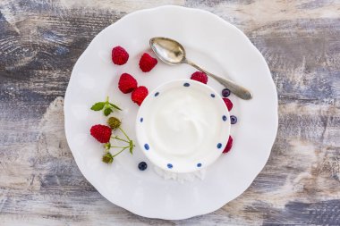 Bir kase taze berry meyve ile sağlıklı ve lezzetli yoğurt.