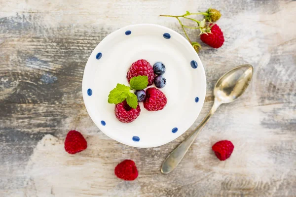 Un tazón de yogur saludable y delicioso con frutas frescas de bayas . —  Fotos de Stock