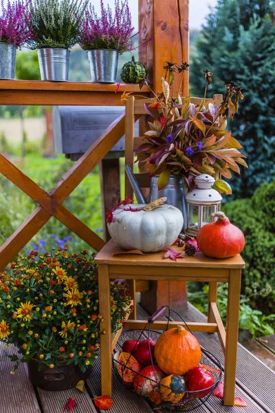 Pumpkins and autumn decorations on the wooden terrace. — Stock Photo, Image