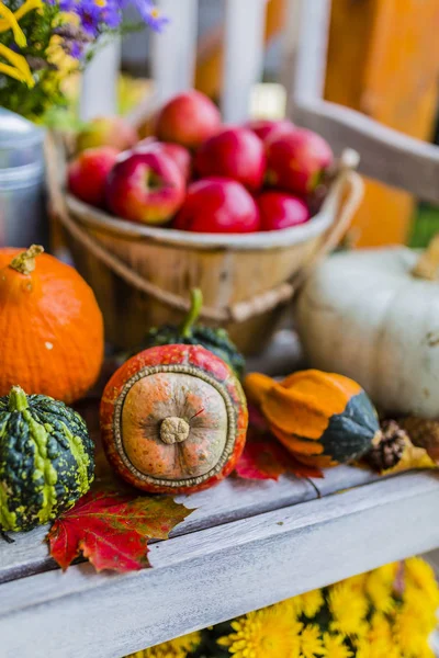 Pompoenen en herfst decoratie op het houten terras. — Stockfoto