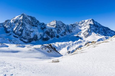 Karlı İtalyan Alpleri Sulden, Ortler, Zebru, Grand Zebru arka planda ile Solda. Val Venosta, Güney Tirol, İtalya.