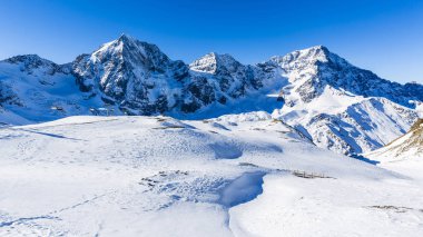 Karlı İtalyan Alpleri Sulden, Ortler, Zebru, Grand Zebru arka planda ile Solda. Val Venosta, Güney Tirol, İtalya. 