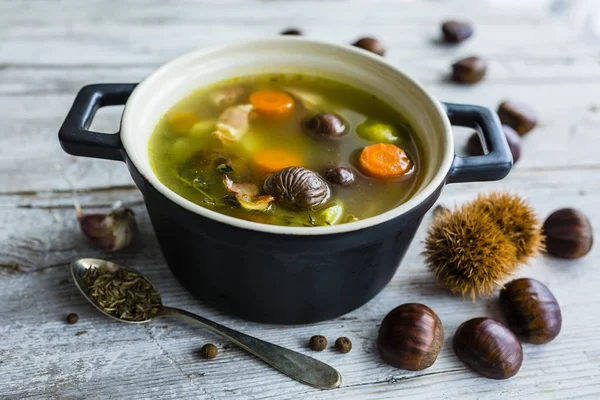 Chestnut soup on a vegetable broth. — Stock Image Chestnut Soup Vegetable Broth Stock Photo