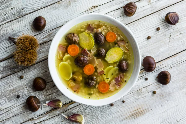 Chestnut soup on a vegetable broth. — Stock Image Chestnut Soup Vegetable Broth Stock Photo