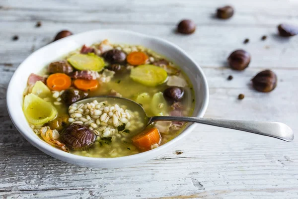 Chestnut soup on a vegetable broth. — Stock Image Chestnut Soup Vegetable Broth Stock Photo