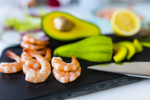 Ingredients for shrimp and avocado salad.