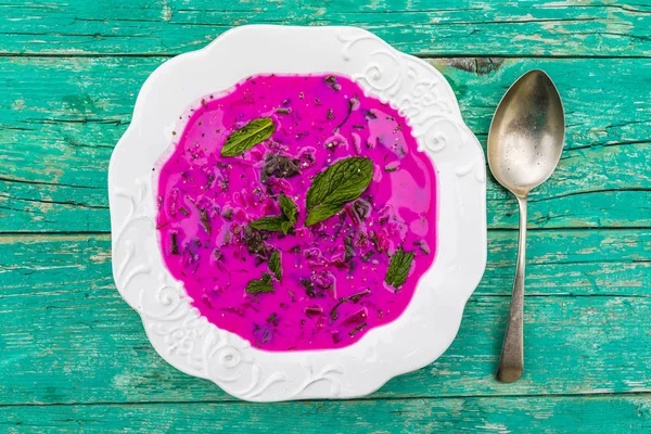 Cold soup with beetroot and vegetables on wooden table. — Stock Image Cold Soup Beetroot Vegetables Wooden Table Royalty Free Stock Images