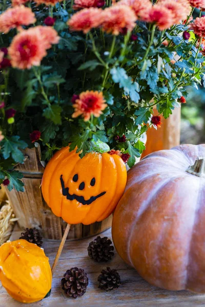 Pompoenen Halloween Decoraties Terras — Stockfoto