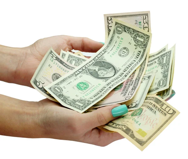 Vrouwelijke handen overwegen dollar Stockfoto