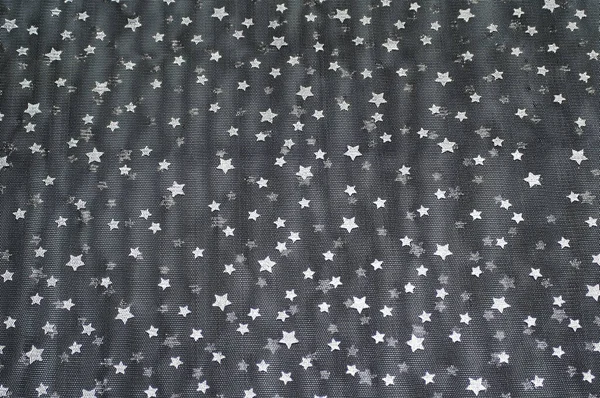 Černý Tull Texti Stříbrnými Hvězdami Abstraktní Pozadí — Stock fotografie