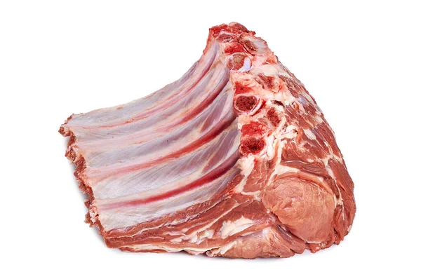 Peito Porco Peito Osso Pedaço Carne Crua Sobre Fundo Branco — Fotografia de Stock