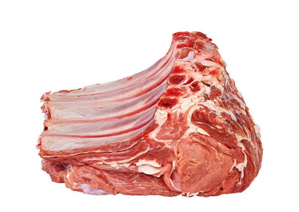 Varkensvlees Een Bot Een Stuk Rauw Vlees Een Witte Achtergrond — Stockfoto