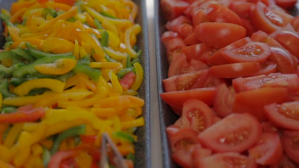 Gemüsescheiben, Tomaten, Paprika aus nächster Nähe mit selektivem Fokus. — Stockvideo