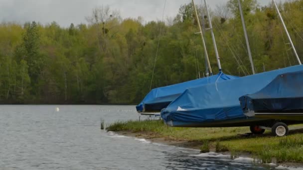 Човни на березі озера — стокове відео