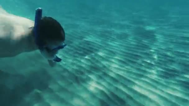 Gordito Hombre Buceo Bajo Agua Con Una Máscara Snorkel — Vídeos de Stock