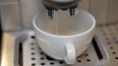 Beyaz bir fincan kahve. Kahve makinesi macchiato, cappuccino yapar.