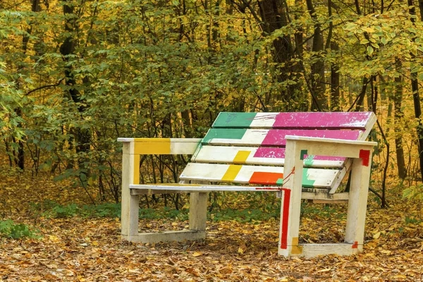 Bir tezgah parkta sonbahar ve çevresinde sarı yapraklar.