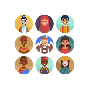 Çok Kültürlü Ulusal Avatar Kadın ve Erkek Kullanıcı İllüstrasyonları Farklı milletler İnsanlar farklı avatarlar.