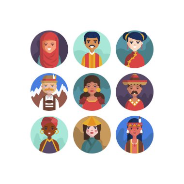 Çok Kültürlü Ulusal Avatar Kadın ve Erkek Kullanıcı İllüstrasyonları Farklı milletler İnsanlar farklı avatarlar.
