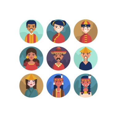 Çok Kültürlü Ulusal Avatar Kadın ve Erkek Kullanıcı İllüstrasyonları Farklı milletler İnsanlar farklı avatarlar.