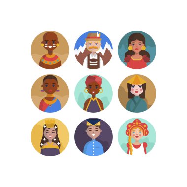 Çok Kültürlü Ulusal Avatar Kadın ve Erkek Kullanıcı İllüstrasyonları Farklı milletler İnsanlar farklı avatarlar.